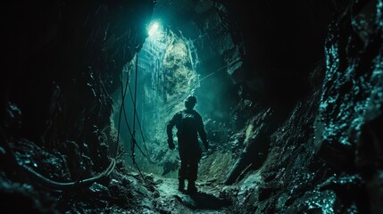 man with helmet inside a mine working