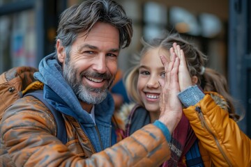 Obraz premium Happy Father and Daughter High Five Outside a Building