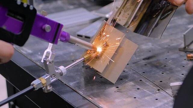 Welder is using portable handheld laser welding machine with sparks - close up view of hands: slow motion. Concept of metalworking, industrial, technology, manufacturing, and equipment