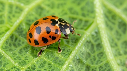 Obraz premium Close-up of a ladybug on a richly textured leaf, the leaf's veins and the bug's spots in sharp detail