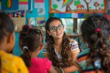 Kind female teacher engaging with primary school students, making learning enjoyable and fun while stimulating curiosity and fostering a love of education in an interactive classroom setting.