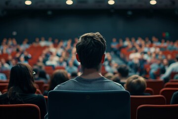Male speaker presenting to an audience in a university seminar hall during a scientific conference or training session.