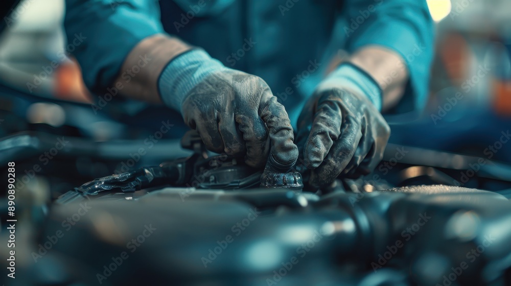 Poster this image portrays a mechanic's hands working intricately on a car engine, emphasizing the technica