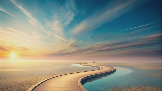 Serene minimalist winding path stretches towards a tranquil horizon, symbolizing the journey towards balance, peace, and stability, set against a soft pastel-colored landscape with ample copy space.