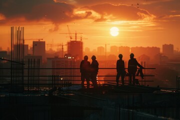 Obraz premium Silhouetted commercial engineering teams at sunset, examining construction blueprints against a blurred construction site backdrop, symbolizing project planning and development.