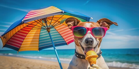 A goofy dog sporting trendy shades devours a colorful ice cream cone under a bright beach umbrella, exuding carefree summer vibes and comedic charm.