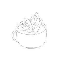 Echeveria plant planted in a coffee cup mockup black and white graphic line illustration