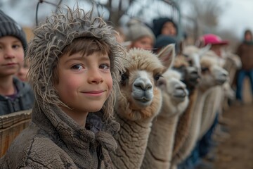 Young Boy Smiles While Standing Next to a Row of Alpacas During a Winter Day