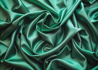 Obraz premium Luxurious emerald green silk fabric drapes beautifully, creating a stunning background for showcasing natural cosmetic or food products in a elegant flat lay setting.