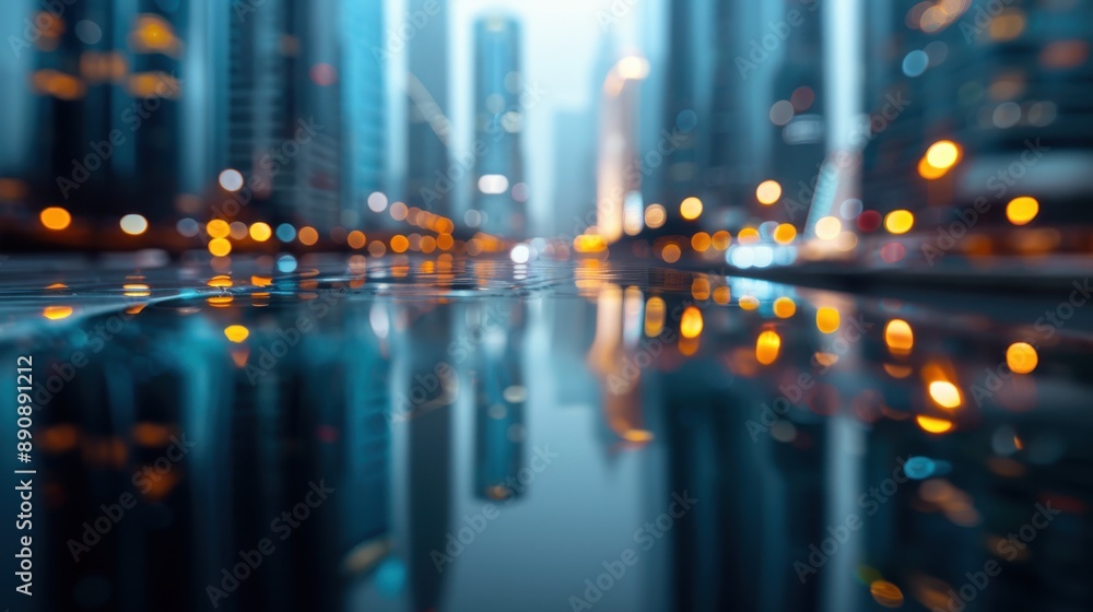 Poster a city skyline captured during early evening with reflections on a wet pavement and colorful bokeh l