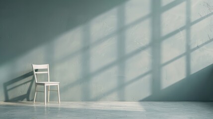 A white wooden chair sits alone in a sunlit empty room, with shadows cast by a large window creating a striking pattern on the floor and walls, exuding minimalism.