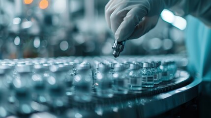 A gloved hand holds a vial amidst numerous others on a conveyor belt in a laboratory setting, likely depicting the processes involved in manufacturing medical products or vaccines.