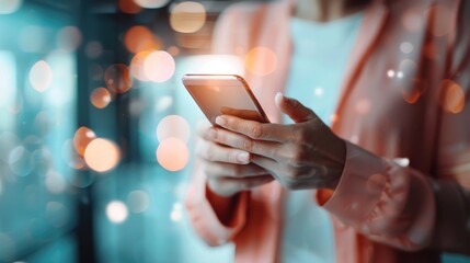 A close-up shot of a person's hands using a smartphone with an abstract background of blurred orange lights, evoking modern technology and communication.