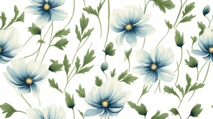 The blue Nigella flowers and green leaves that adorn this backdrop are peaceful and enchanting, like an escape to a garden full of natural tranquility.