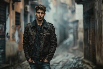 A man wearing a leather jacket stands in an alleyway