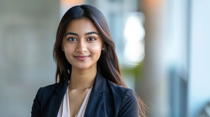 Professional confident woman in formal business attire smiling at workplace. Office style portrait suitable for corporate use. Friendly and approachable business woman in modern setting. AI