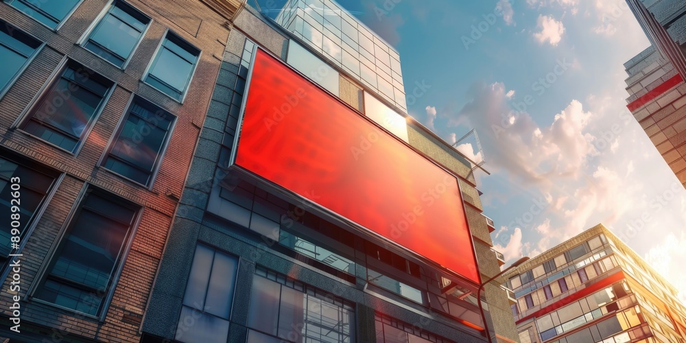 Poster a large red billboard on the side of a building, with bold text and eye-catching graphics