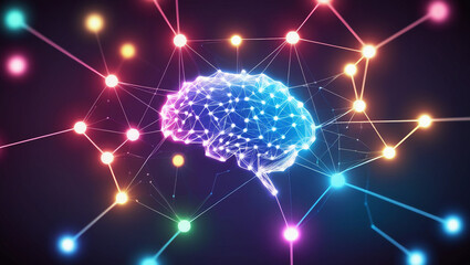 A visually stunning representation of a neural network, with interconnected nodes and pathways glowing in different colors.