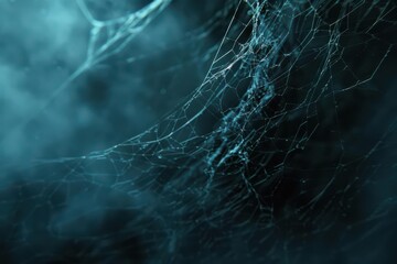 A close-up shot of a spiderweb with intricate details, shrouded in an ethereal blue mist.