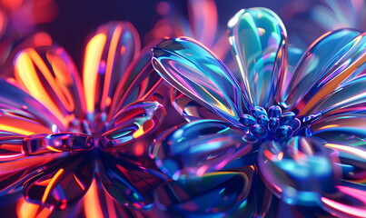 Holographic iridescent flower made of organic glass in motion on a dark background. Colorful gradient design element for banners, backgrounds, wallpapers, posters and covers.