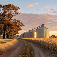Obraz premium A close-up of grain silos with the backdrop of a peaceful rural landscape. 