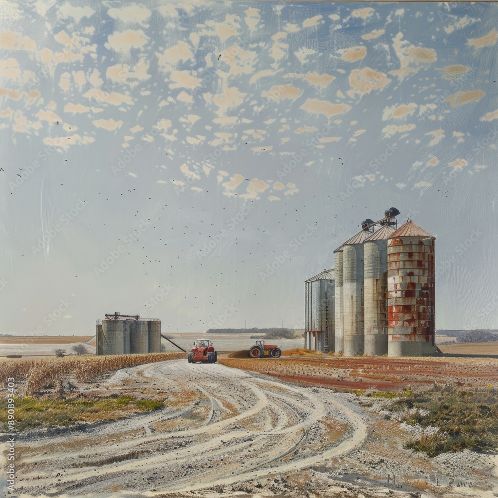 Poster a cluster of grain silos near a farm, with a tractor plowing fields in the background.