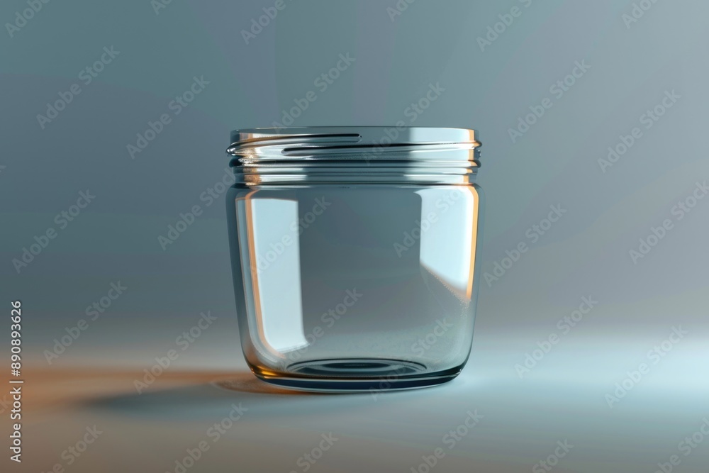 Poster a clear glass jar sits on a table, empty except for the faint reflection of surrounding objects