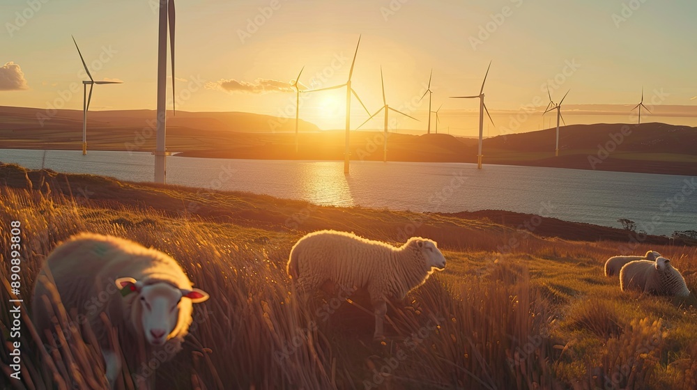 Poster a harmonious balance of nature and technology with sheep and wind turbines by the lake at sunrise.