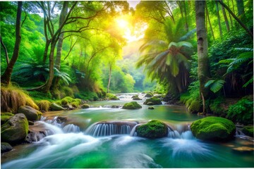 Beautiful stream painting in tropical forest - beautiful natural landscape in the forest