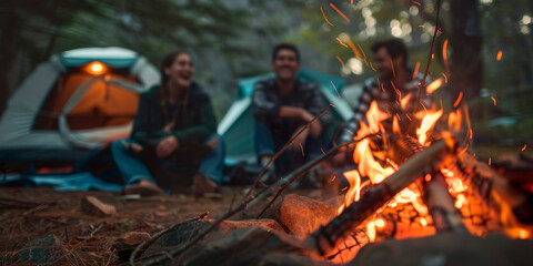 Obraz premium A group of people are sitting around a campfire, enjoying each other's company