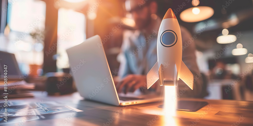 Poster A man is working on a laptop at a desk with a rocket on the table. The rocket is lit up and he is taking off. Concept of excitement and progress