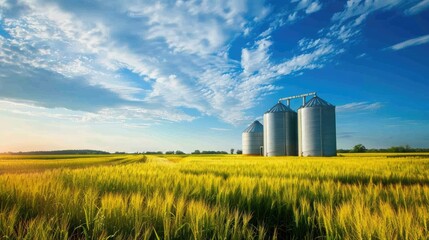 A picturesque countryside scene with grain silos standing tall against a blue sky.
