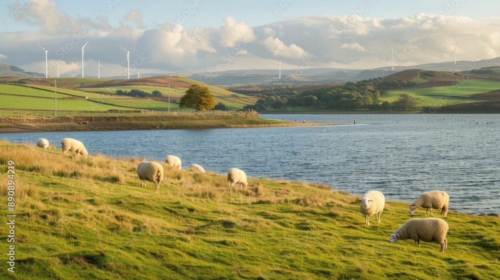 Poster a serene lakeside scene with sheep grazing and wind turbines in the distance, bathed in the soft mor