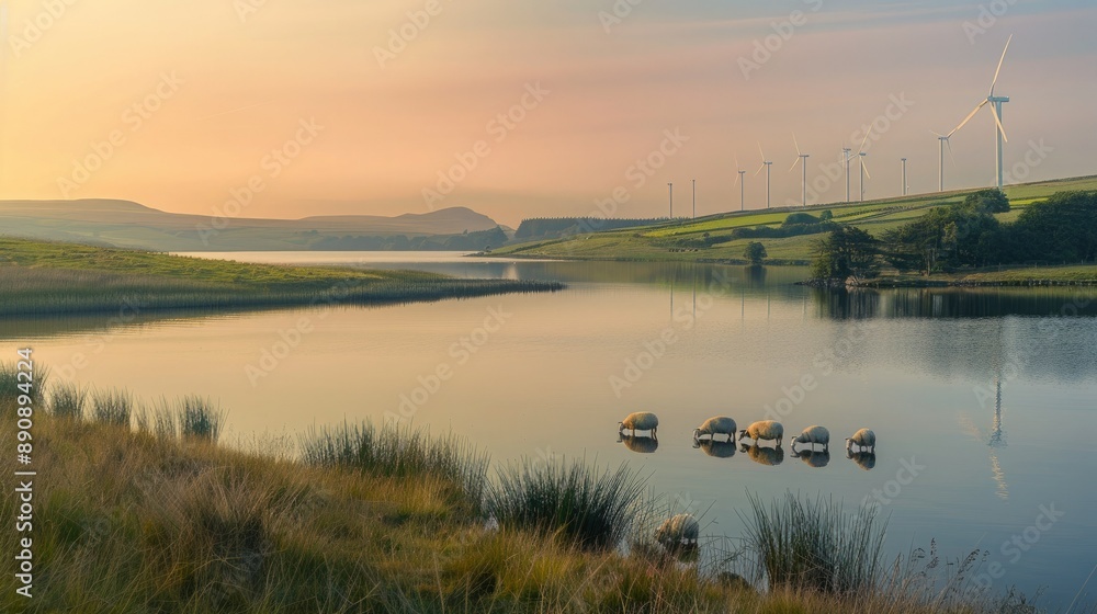 Poster a serene lakeside scene with sheep grazing and wind turbines in the distance, bathed in the soft mor