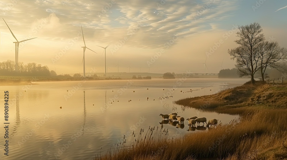 Poster a serene lakeside scene with sheep grazing and wind turbines in the distance, bathed in the soft mor