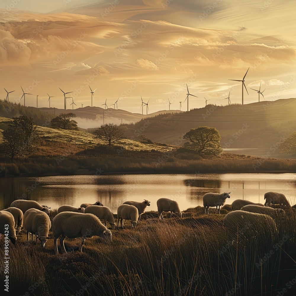 Poster a serene lakeside scene with sheep grazing and wind turbines in the distance, bathed in the soft mor