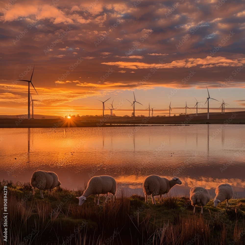 Poster a serene sunrise over a lake with a flock of sheep and wind turbines standing tall in the distance.