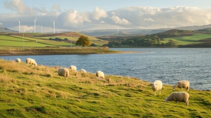 A serene lakeside scene with sheep grazing and wind turbines in the distance, bathed in the soft morning light.  - Powered by Adobe