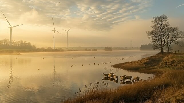 A serene lakeside scene with sheep grazing and wind turbines in the distance, bathed in the soft morning light. - Powered by Adobe