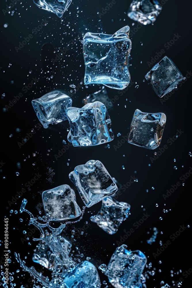 Poster A collection of ice cubes floating on the surface of the water, creating a transparent and serene atmosphere