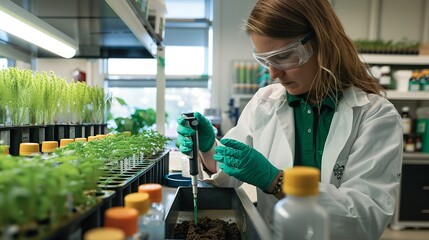 In a laboratory setting, an Agronomist analyzes soil samples, testing for nutrient content and pH levels.