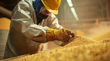 Wearing protective gear, an Agronomist collects samples of grain from a storage bin, ensuring quality and safety standards.
