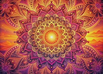 Vibrant abstract mandala pattern set against a warm sunset backdrop, featuring swirling colors of pink, orange, yellow, and purple in an intricate design.