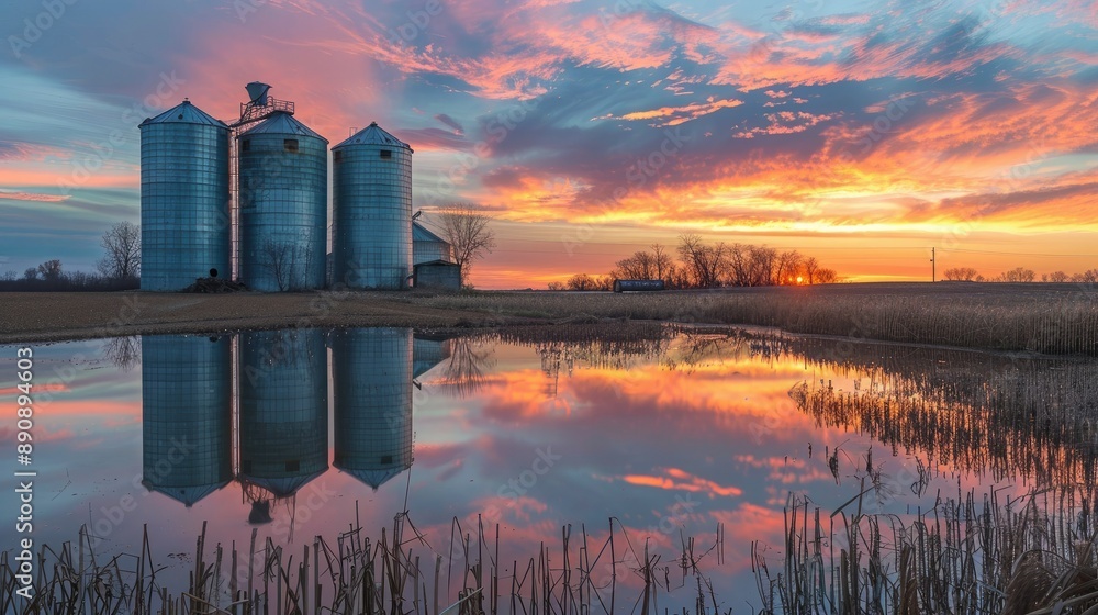 Poster a tranquil view of grain silos reflecting the sunset light in a serene rural setting.