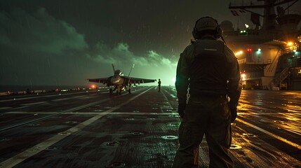 Under a night sky, illuminated by floodlights, an Aircraft Launch and Recovery Specialist guides a returning aircraft towards a safe landing on the carrier deck.