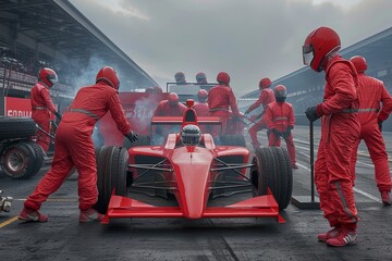 Efficient pit crew at car race pitstop showcasing ultimate teamwork for seamless performance