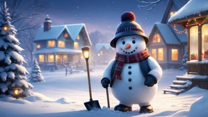 Naklejka premium Snowman in winter wonderland with cozy lit houses and decorated trees on a snowy evening