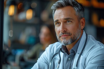 Fototapeta premium Confident Male Doctor Looking Away in Modern Office Setting