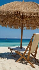  Relaxing beach scene with straw umbrella and wooden lounge chair overlooking turquoise ocean and distant sailboat