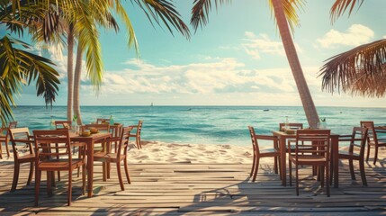 chairs and tables on a paradise beach with palm trees on a sunny day
